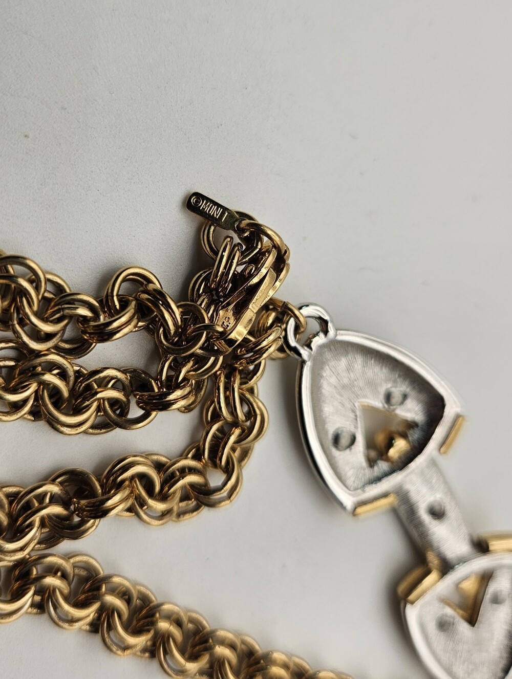 Vintage MONET Two Tone Gold Silver Geometric Center Focal Link Necklace - Picture 7 of 9
